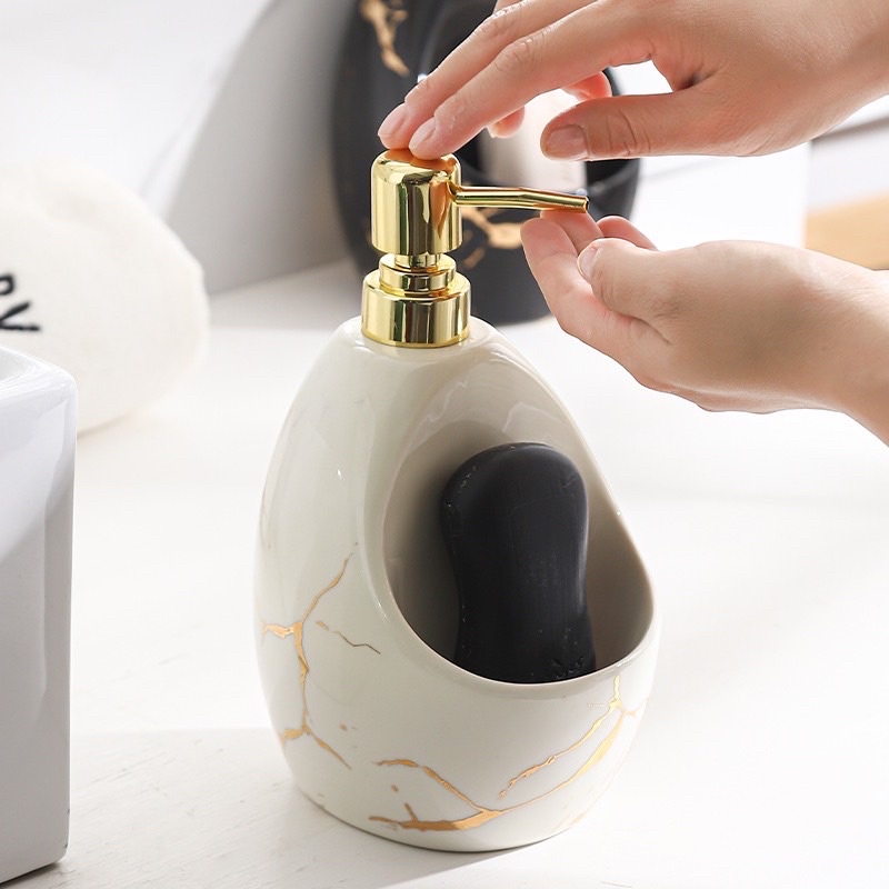 HH08-15 ขวดปั๊มลายหินอ่อนสีขาวลายทองพร้อมช่องใส่สบู่ความจุ  850 ml. [2] F4-4