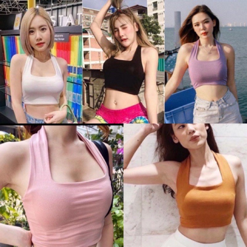 ขาย Dee shop เสื้อคล้องคอ ครอปคล้องคอ เสื้อคอเหลี่ยม ตัวจิ๋ว !!!รุ่นมีฟองน้ำค่ะ!!! ผ้าเรยอน2ชั้นงานฮิตตลอดกาล ทะเ