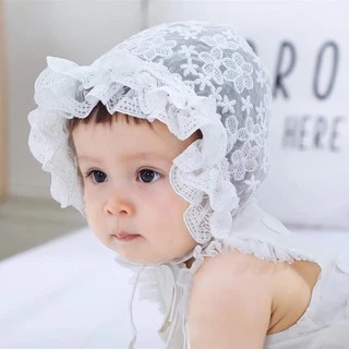 หมวกผ้าลูกไม้ผูกคางสาวน้อย ผ้าบางเบา[พร้อมส่ง]