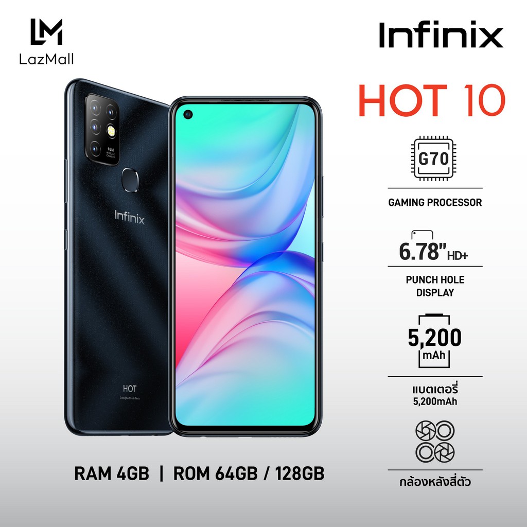 Infinix Hot 10 Ram 4 Rom 64 โทรศัพท์มือถือ สมาร์ทโฟน หน้าจอ 6.78 นิ้ว ...