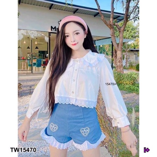 TW15470 Set 2 ชิ้น เสื้อแขนยาว กระดุมหน้า คอปกบัวแต่งลูกไม้ + กางเกงขาสั้น ต่อลูกไม้ ผ้ายีนเทียม มีซิปข้าง