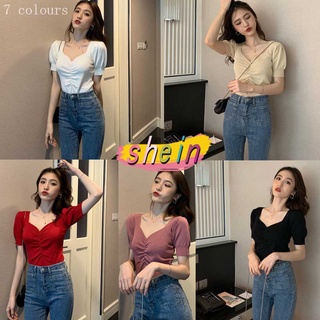 Shein 200 เสื้อครอปคอวี แต่งจีบอก ผ้าไหมพรมบาง แขนตุ๊กตาจั้ม สไตล์สาวหวาน เรียบๆ เก๋ๆ