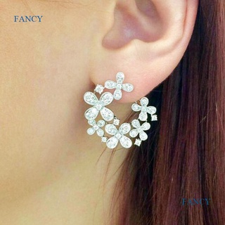 Fancy เครื่องประดับ ต่างหูสตั๊ด รูปตัว C ประดับเพทาย ดอกไม้ สไตล์โรแมนติก สําหรับผู้หญิง