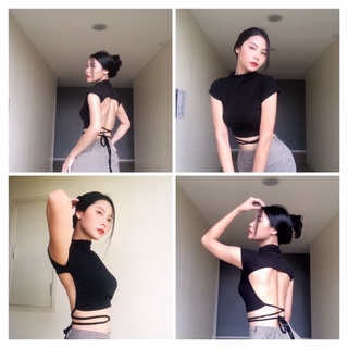 Shein crop ครอปโชว์หลังคอตั้ง แขนสั้น ผ้าร่องเล็ก