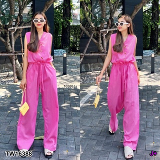 TW16388 New Arrival !!!!!! Drawstring Waist Jumpsuit จั้มสูทคอวีแขนกุด แต่งกระดุม 3 เม็ด ( ใช้งานได้จิง )