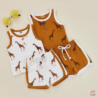 JOP7-Baby Boys 2 Pieces Set Outfits, Deer Print Round Neck Sleeveless Tank Tops + Elastic Waist Shorts Summer