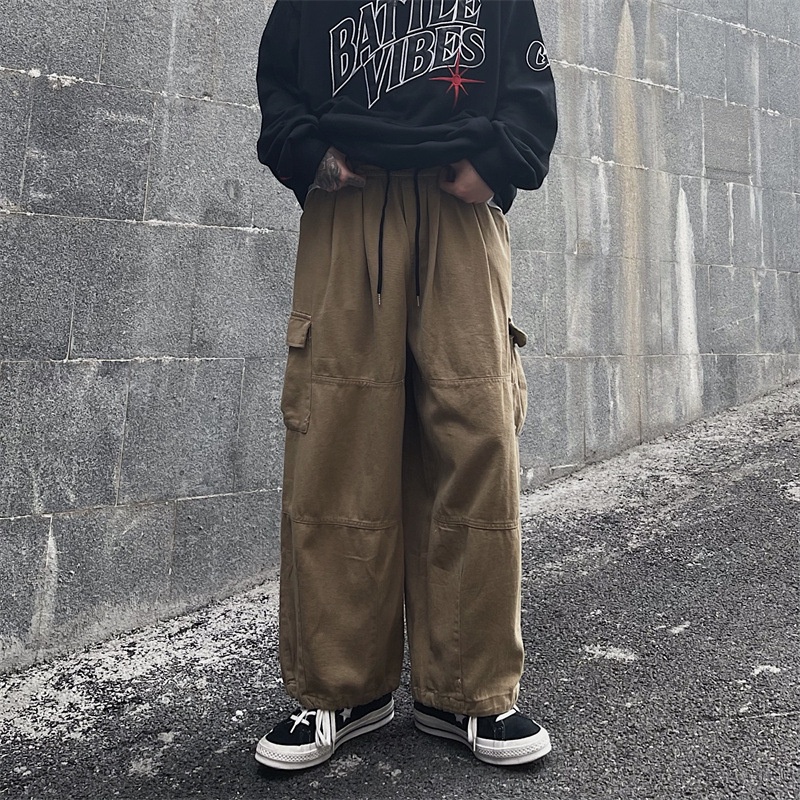สไตล์ฮ่องกง Overalls ผู้ชายฤดูใบไม้ร่วงญี่ปุ่น ins Street สวมใส่ตรงหลวมกว้างขาสบายๆกางเกง Lace-Up กางเกง TF1