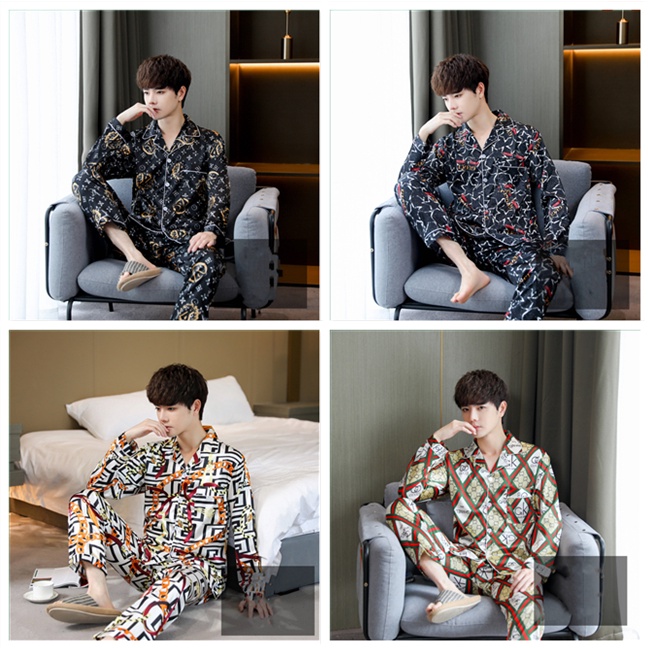 🤑พร้อมส่ง🤑1002 ชุดนอนผู้ชาย เเขนยาวขายาว ผ้าซาตินสุดหรู  คอปก pajamas men เซ็ทเสื้อ ผ้าเย็น ผ้านิ่มไม่เเข็ง