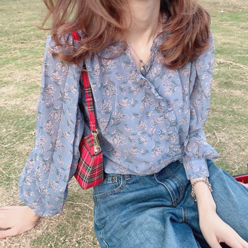 คอวี เสื้อเชิ้ตแขนยาวเกาหลี ผ้าชีฟอง เสื้อแขนยาวลายดอกเกาหลีแฟชั่นผู้หญิง สีเหลือง