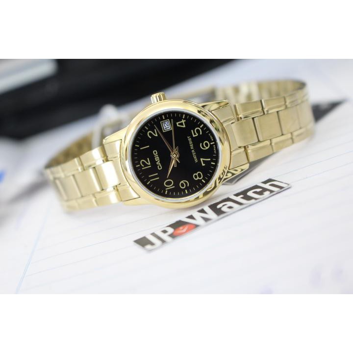 Casio Standard รุ่น LTP-V002G-1B นาฬิกาข้อมือผู้หญิง สายสแตนเลสสีทอง/หน้าปัดดำ (สินค้าของแท้ 100% ประกันศูนย์ CMG 1 ปี