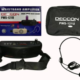 เครื่องขยายเสียงไร้สายคาดเอว DECCON PWS-121U

ขนาดลำโพง 2.5" มีพอร์ต USB 
กําลังไฟ : DC12V (AA1.5 x 6) กระแสไฟ : 200mA