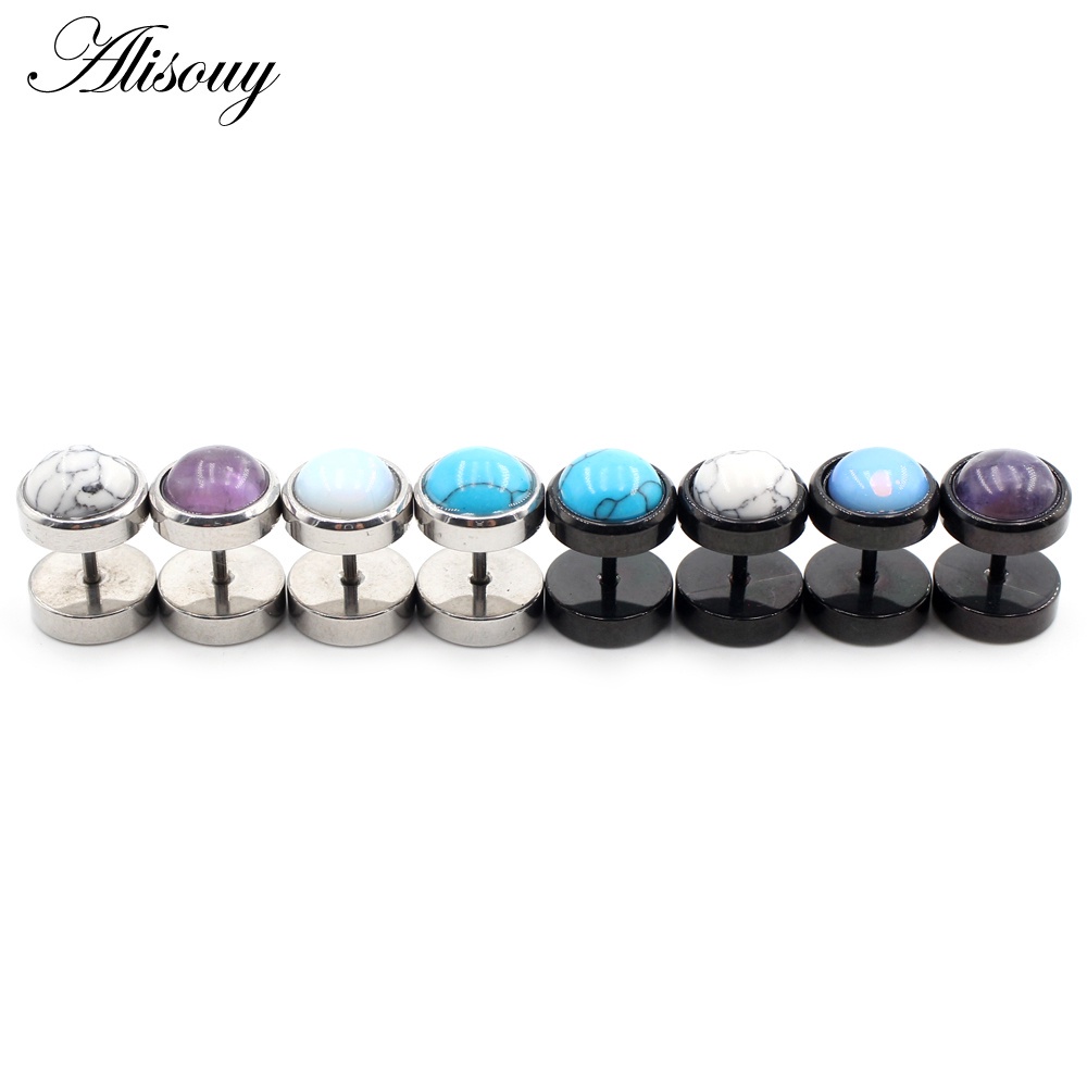 Alisouy 2 ชิ้น สเตนเลส ต่างหูพังก์ หินธรรมชาติ โอปอล ผู้ชาย ผู้หญิง บาร์เบล ดัมเบล ต่างหูกระดุม ต่างหู Tragus Helix เจาะ เครื่องประดับ