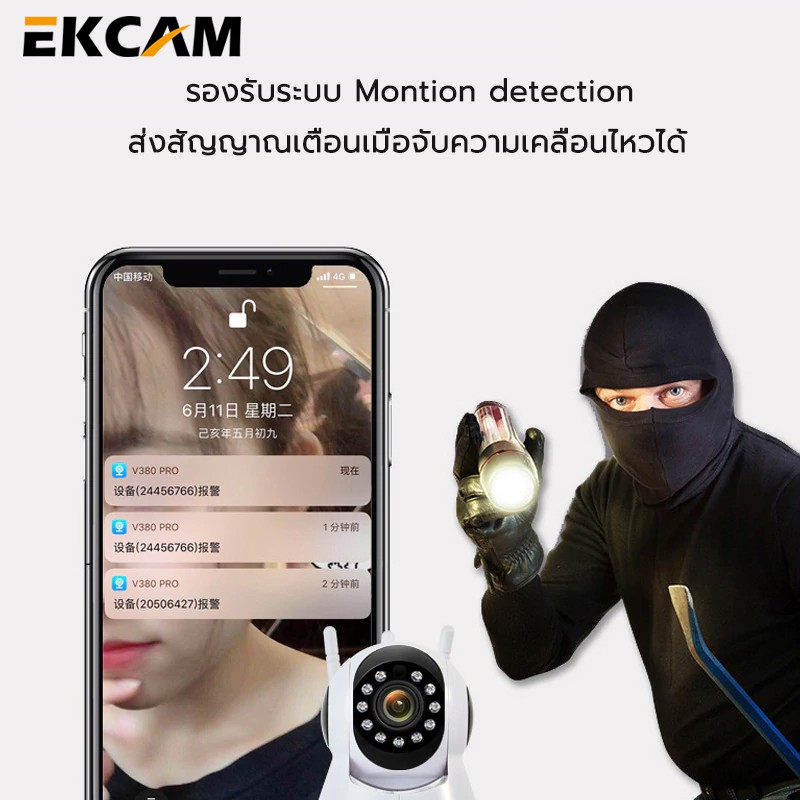 🇹🇭Ekcam P2P กล้องวงจรปิด ไร้สาย คมชัด 5/3ล้าน IP Camera 3เสารับสัญญาณ มีภาษาไทย alarm อินฟราเรด IR cut APP V380 Pro