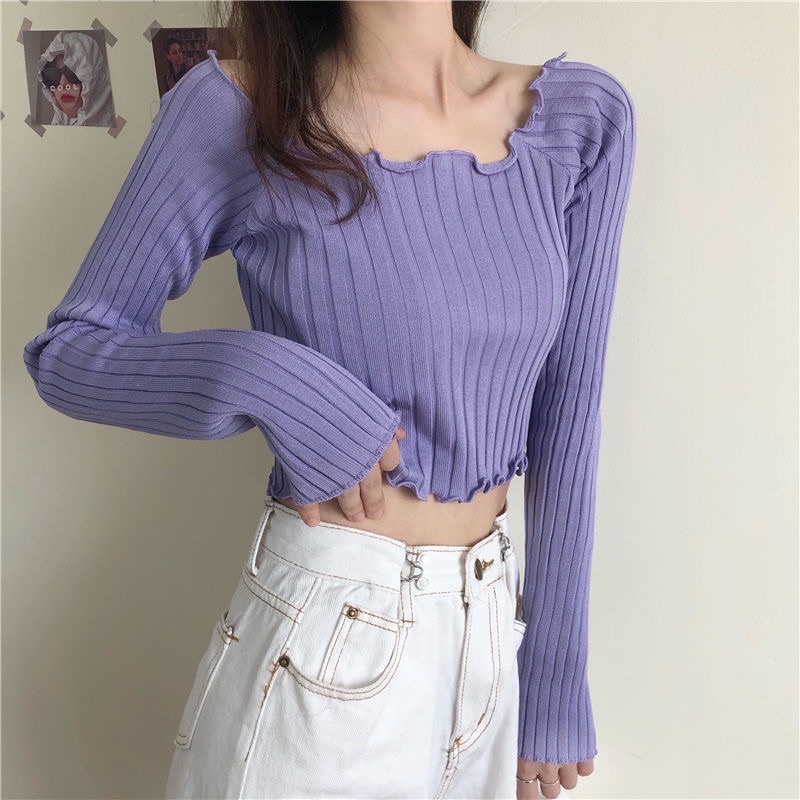 Cherry พร้อมส่ง เสื้อปาดไหล่ ครอปเเขนยาว ผ้าร่อง เสื้อไหมพรมแขนยาว-ปาดไหล่ใส่ได้สองแบบ