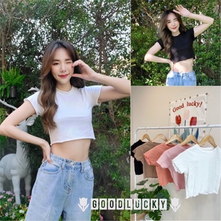 🌷Good​Luck​y🌷(3) พร้อมส่ง เสื้อครอป ครอปคอกลมชายแต่งหยัก น่ารักสดใส ใส่ได้ทุกโอกาส