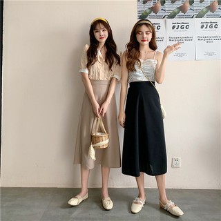 กระโปรงทรงยาว สไตล์เกาหลี โทนสีมินิล  มี 2 ไซส์ S/L 3 สี  เขียวอมเทา ดำ กากี