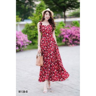 ชุด Maxi Dress ลายดอกไม้ผูกโบว์ที่หัวไหล่ ด้านหลังมีสม๊อค