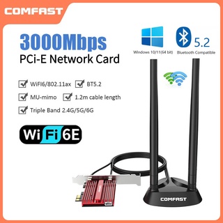 Comfast อะแดปเตอร์ไวไฟ ไร้สาย 3000Mbps WiFi 6 และบลูทูธ 5.2 PCIe 2.4G 5Ghz 6Ghz 802.11ax (PCI-E WiFi Card สําหรับเดสก์ท็อป PC) CF-AX181Plus