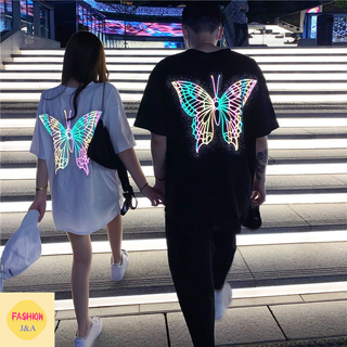 เสื้อยืด สุดฮิต ใส่ได้ทุกเพศ ลายผีเสื้อ เสื้อสะท้อนแสง   สุดเท่ห์