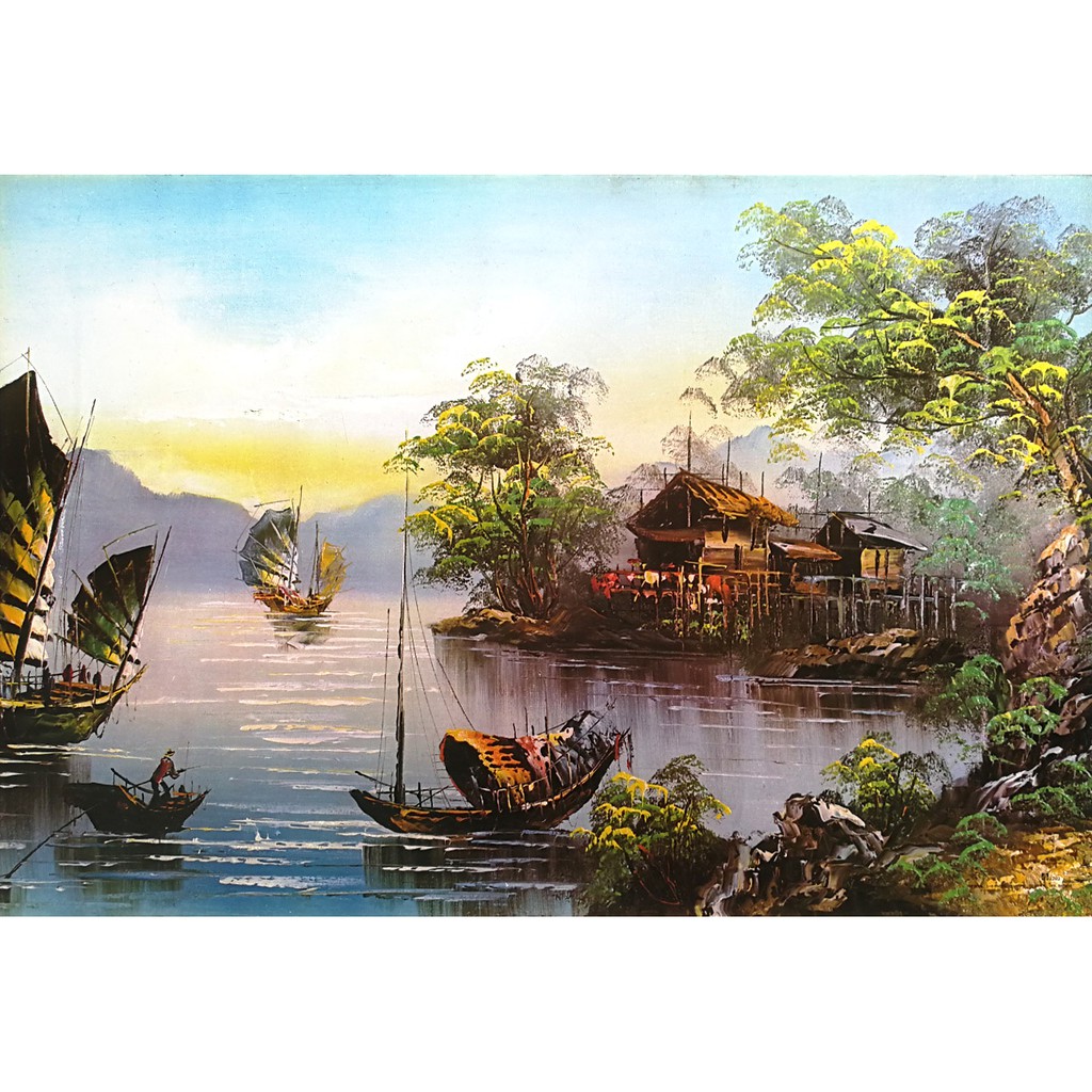 โปสเตอร์ ภาพวาด สีน้ำมัน วิถีชีวิต เรือสำเภา โบราณ Landscapes Painting  Poster 20”X30” Inch Fisherman Chinese Lifestyle | Shopee Thailand