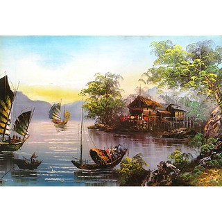 โปสเตอร์ ภาพวาด สีน้ำมัน วิถีชีวิต เรือสำเภา โบราณ Landscapes Painting POSTER 20”x30” Inch Fisherman Chinese Lifestyle