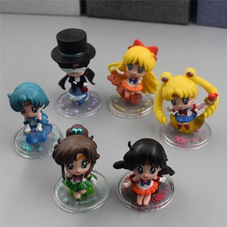 โมเดลฟิกเกอร์ PVC อนิเมะญี่ปุ่น Q Version Sailor Moon Chiba Mamoru Mizuno Hino Rei Minako Aino ของเล่นสําหรับเด็ก 6 ชิ้น ต่อชุด