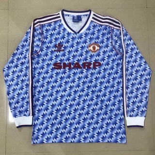 เสื้อกีฬาแขนยาว ลายทีมชาติฟุตบอล Manchester United 90-92 ชุดเยือน แบบแห้งเร็ว สีฟ้า สไตล์เรโทร