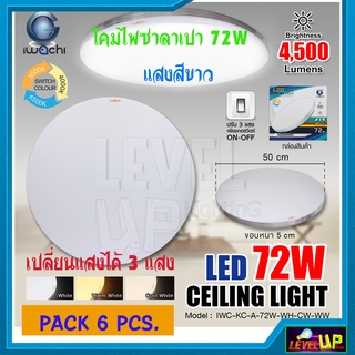 (แพ็ค 6 หลอด)โคมไฟติดเพดาน โคมไฟซาลาเปา LED 3 แสง 72 วัตต์ IWACHI ปรับได้ 3 แสง แสงสีขาว วอร์มไวท์ คูลไวท์