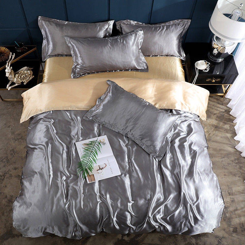 ชุดที่นอนผ้าไหมน้ำแข็งฤดูร้อนผ้าปูที่นอนสี่ชิ้นเรียบง่ายเนียนเปลือยนอนผ้านวม