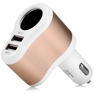 Hoco Car Charger 2in1 หัวชาร์จในรถ 2 USB + เพิ่มช่องจุดบุหรี่ 1 ช่อง รุ่นUC206 (สีขาวทอง)  #628