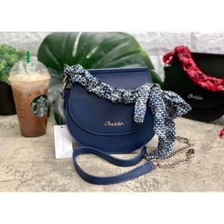 CHARLES &amp; KEITH LEATHER SATIN SCARF CROSSBODY BAG สีกรมท่า