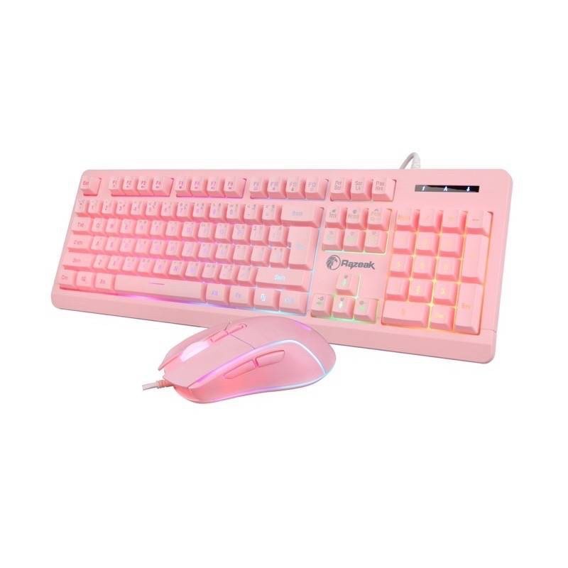คีบอร์ดเกมมิ่ง RAZEAK RKM-705 Pink สีชมพู คีบอร์ดมีไฟ เมาส์มีไฟ ชุดเมาส์คีบอร์ด Keyboard Mouse Combo