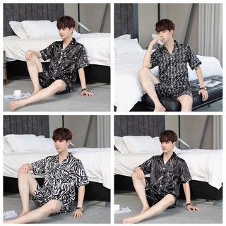 🤑พร้อมส่ง🤑ชุดนอนผู้ชาย เเขนสั้นขาสั้น ผ้าซาตินสุดหรู  คอปก pajamas men เซ็ทเสื้อ สวมใส่สบาย ผ้าเย็น ผ้านิ่มไม่เเข็ง