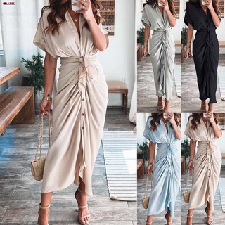 Womens Summer OL Work Short Sleeve Wrap Dress Lady V-neck Cocktail Midi Dresses