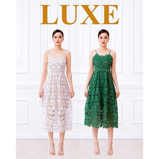 M10 S-XL [ตรงปก] Dress เดรสยาว สายเดี่ยว สีขาว สีเขียว ผ้าลูกไม้โครเชต์ เดรสออกงาน ชุดออกงาน ชุดไปงานแต่ง LUXE