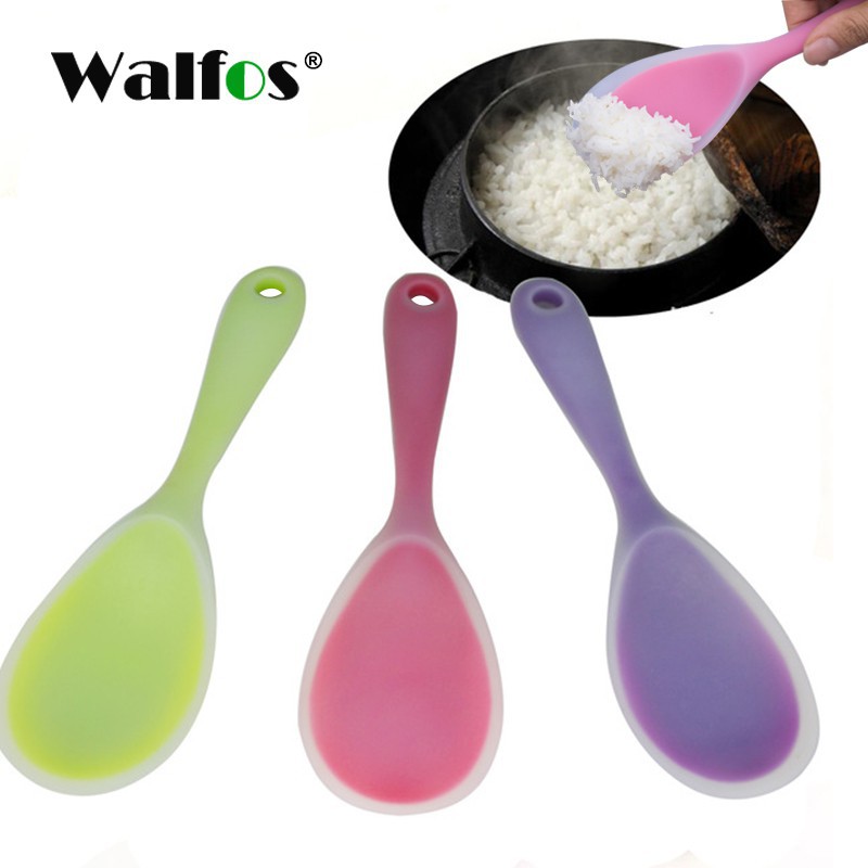 WALFOS ช้อนข้าวซิลิโคนเกรดอาหาร ช้อนข้าวสารทนความร้อนไม่ติดด้ามยาว