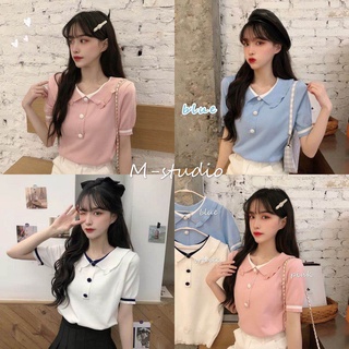 🐼 Maze 🌸พร้อมส่ง🌼เสื้อไหมพรม คอปก 2 สี แต่งกระดุมตรงอก🌠 (6350)