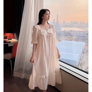 พร้อมส่ง☘︎︎ นำเข้าจากเกาหลี🇰🇷 - ชุดนอน Cotton Ribbon Lace Dress Homewear