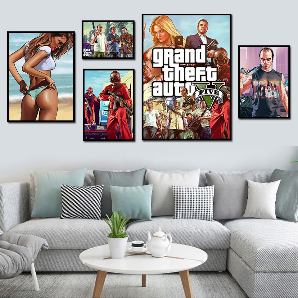 วอลเปเปอร์ติดผนัง วอลเปเปอร์ GTA 5 โปสเตอร์ผ้าใบผนังศิลปะ Grand Theft Auto V Game วอลล์เปเปอร์พิมพ์บาร์สติกเกอร์ภาพจิตรกรรมฝาผนังตกแต่งห้องนอน