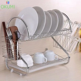 OKUMI_SHOP ที่คว่ำจานสแตนเลส รูปตัวS ขนาด2ชั้น ที่วางจาน มีถาดรองน้ำ