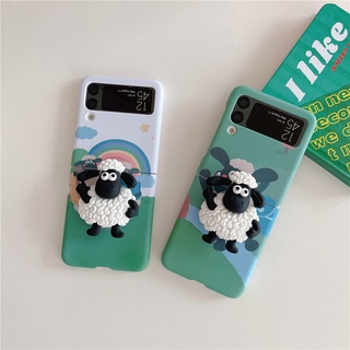 เคสโทรศัพท์มือถือ PC แข็ง แบบใส กันกระแทก ลายการ์ตูนแกะ Shaun the Sheep พร้อมขาตั้ง สําหรับ Samsung Galaxy Z Flip 4 5G Flip3 5G