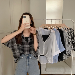 Suxi เสื้อเบลาส์แขนสั้น คอวี ผ้าชีฟอง ป้องกันแดด แฟชั่นฤดูร้อน สําหรับผู้หญิง