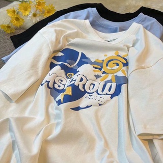 Design Niche Love Foam Short-Sleeved T-Shirt Womens Summer Loose Blue Sky and White Clouds T-Shirt Couple Top