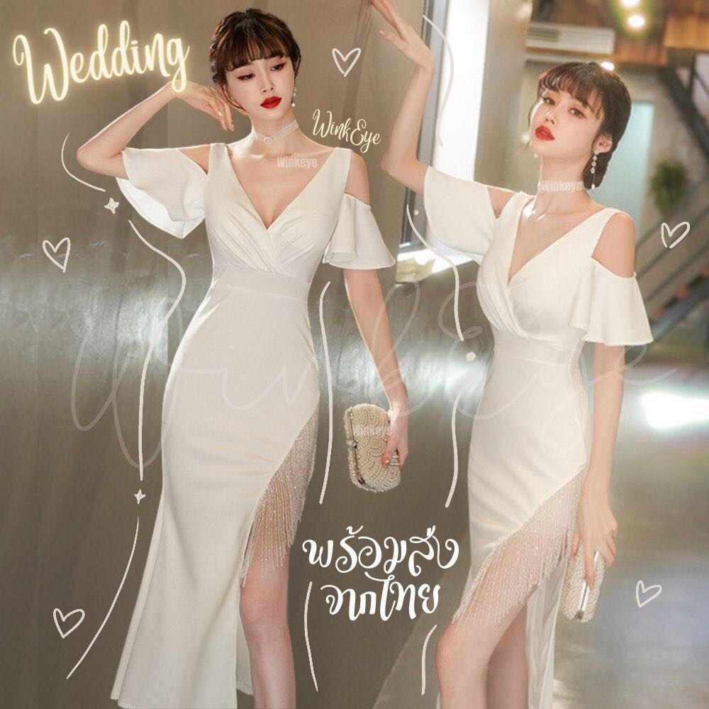 (Dress5-114)พร้อมส่ง Party Dress เดรสออกงาน คอวี เว้าไหล่ สวยปัง กระโปรงผ่าข้าง แต่งพู่ห้อยเกร๋หรูหรา ชุดราตรี มีดีเทล