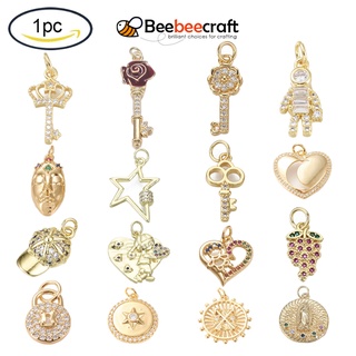 Beebeecraft จี้ลูกบาศก์ทองเหลือง ชุบทอง 16K พร้อมแหวนจั้มพ์ ไร้นิกเกิล 1 ชิ้น