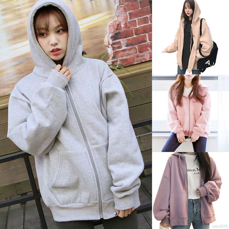 เสื้อกันหนาวมีฮู้ดแขนยาวกำมะหยี่อบอุ่นสไตล์สตรี ซิปหน้า เสื้อแจ็คเก็ตมีฮู้ด