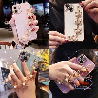 เคสโทรศัพท์มือถือ ซิลิโคนนิ่ม ลายดอกไม้ ประดับมุก พร้อมสายคล้องข้อมือ สําหรับ Vivo V27 Pro V27E X90 Pro Plus 5G Y02 Y02T Y02A Y78+