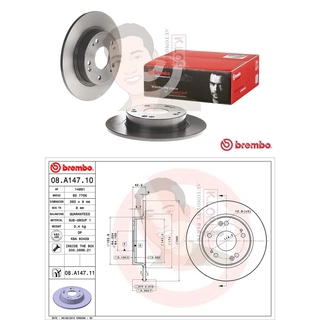 08 A147 11 จานเบรค ล้อ R (ยี่ห้อ BREMBO) รุ่น UV HONDA Civic FD ปี2006, FB ปี2012 1.8 2.0 ปี2006-2015