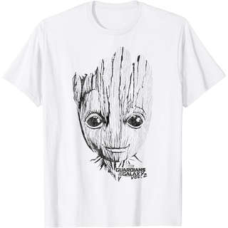 เสื้อยืดผ้าฝ้ายพรีเมี่ยม เสื้อยืด พิมพ์ลายกราฟฟิค Marvel Guardians Vol 2 Groot Lines Face