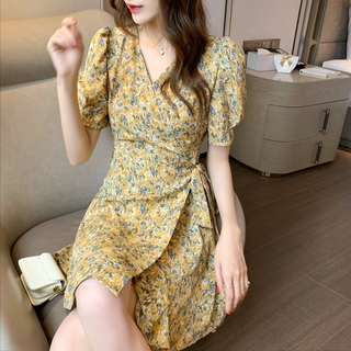 Fulllove ชุดเดรสเอวสูงวินเทจลายดอกเดซี่มินิ ชุดเดรสสั้น Floral Dress S-3XL 7919#